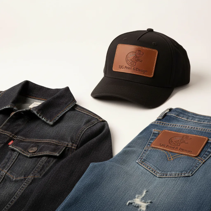 Custom laser-engraved leather patches for hats and apparel by SJG Print & Design in Austin, Texas.