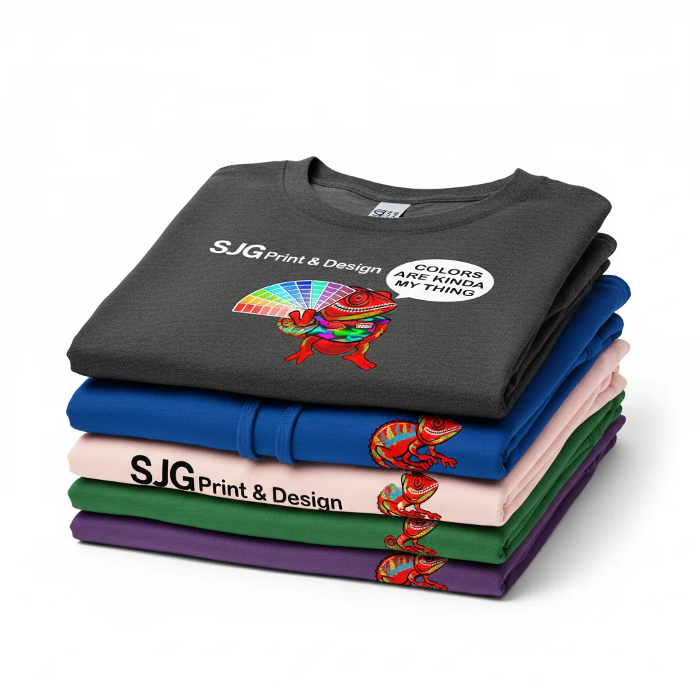 Custom branded apparel, shirts, and uniforms printed by SJG Print & Design in Austin, Texas.