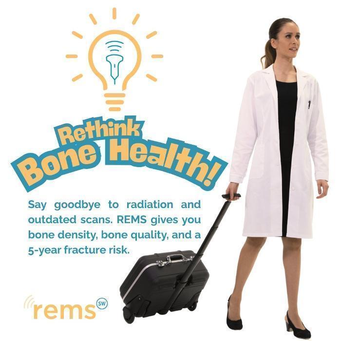 This dynamic image features a healthcare professional confidently standing beside a portable REMS device. The text "Rethink Bone Health!"