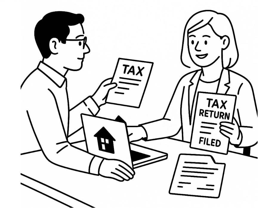 Illustration showing SBX Accountants helping a client file tax returns and manage HMRC submissions in Slough.
