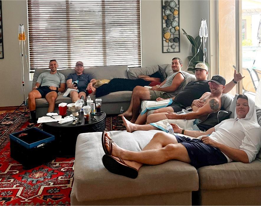 Group IV therapy session. Professional mobile service for bachelor parties, corporate events, and group wellness treatments.