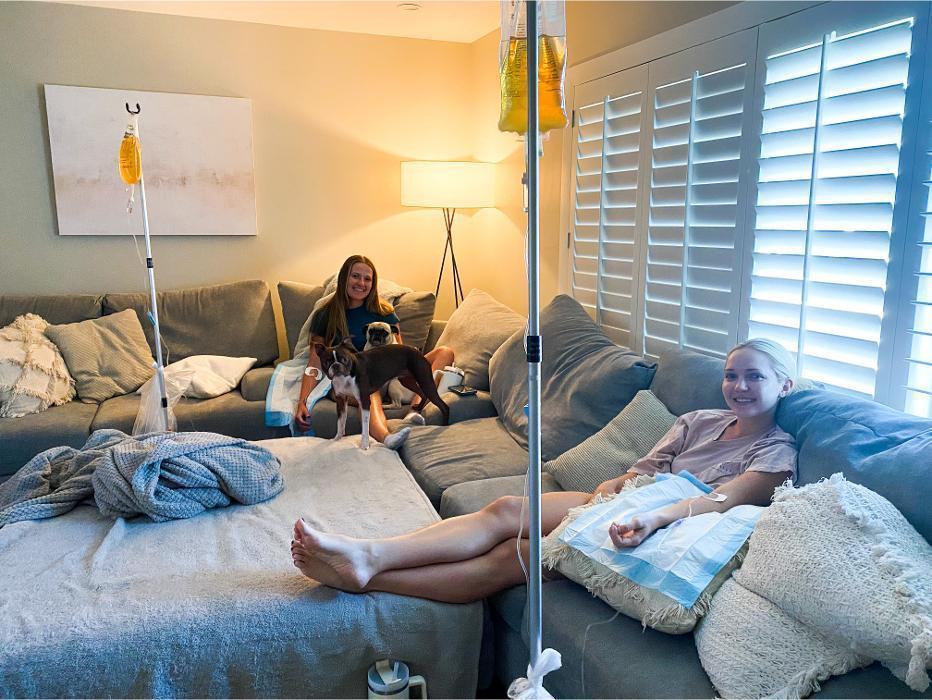 Mobile IV hydration therapy in comfortable home setting. RN-administered treatment for wellness, recovery, and hydration needs.