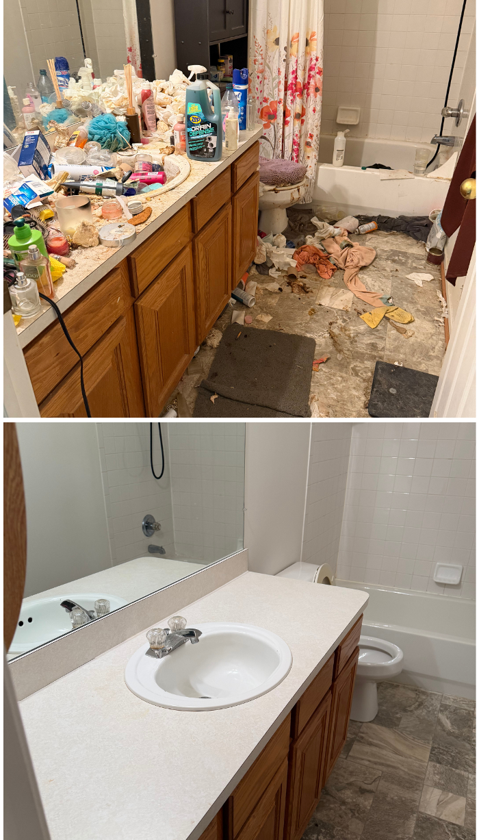 Hoarders bathroom covered in feces toilet compacted to the brim with feces. Before and after our team came to remediate the issues. 