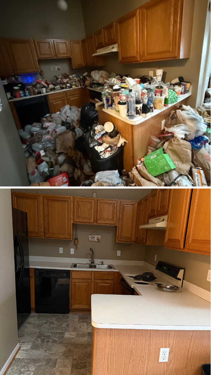 Hoarders kitchen covered in feces and rotting food. Before and after our team came to remediate the issues. 