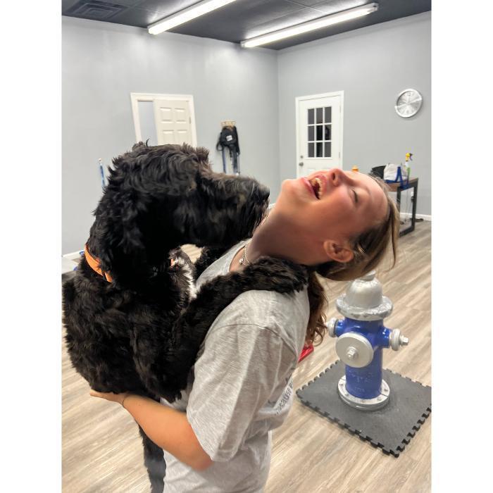The trainer is laughing while a black dog jumps up to give them a hug in the indoor training space.