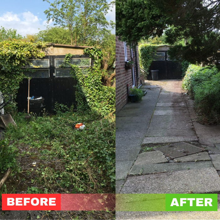 Before-and-after example of an overgrown garden clearance transformed into a clean, tidy outdoor space. Demonstrates the level of gardening, ivy removal and general clearance work we provide for customers.