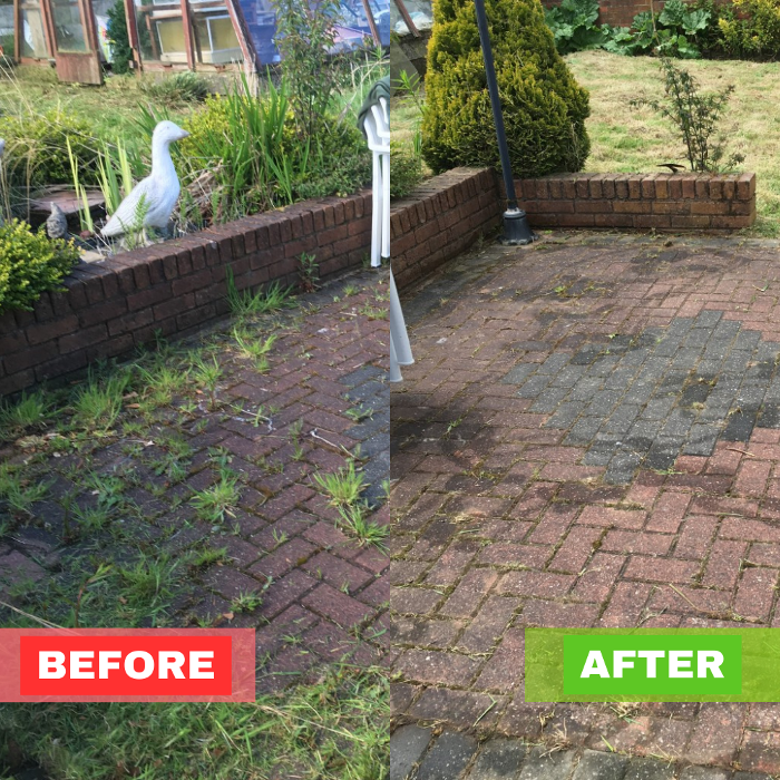 Before-and-after example of a patio area with weeds and overgrown edges restored to a clean, tidy, and usable space. Shows the level of weed removal, patio tidying and light garden maintenance we can provide.