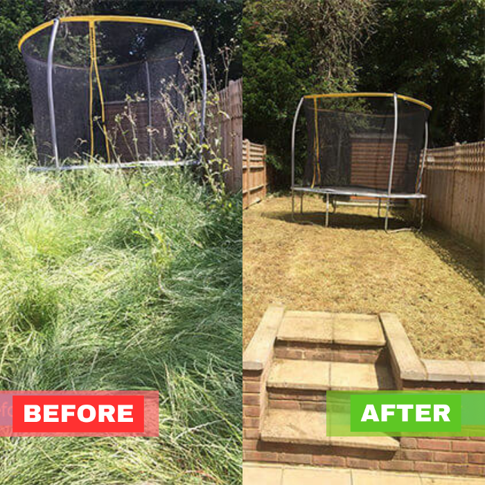 Before-and-after example of an overgrown garden with long grass and weeds transformed into a tidy, usable outdoor space. Shows the standard of garden clearance and lawn restoration services we can provide.