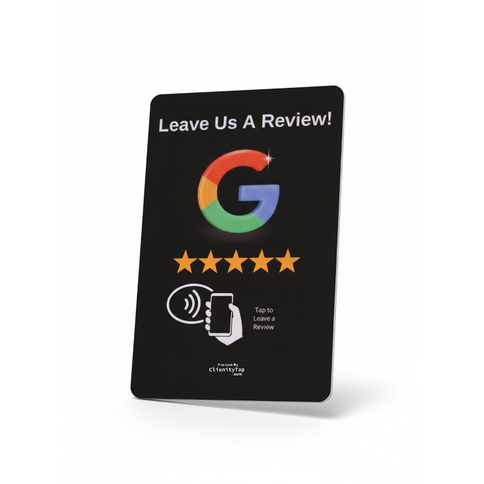 Clienity Tap NFC review card that allows customers to leave a Google review in seconds by tapping their phone. No app required.