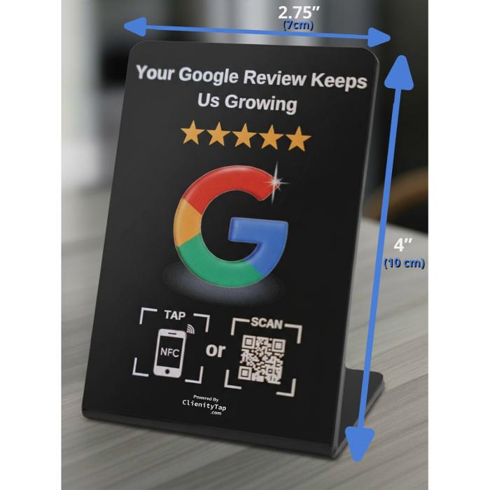 Tabletop NFC review stand placed at a business location, making it easy for customers to tap and leave a Google review instantly.