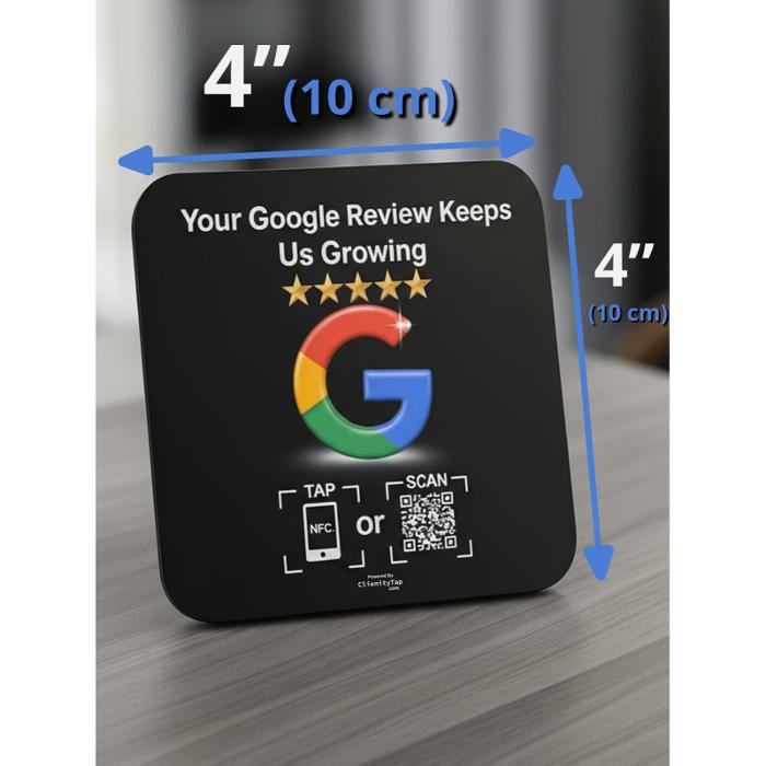 Compact Clienity Tap NFC review plate  with a clean design, suitable for any business environment to collect Google reviews easily.