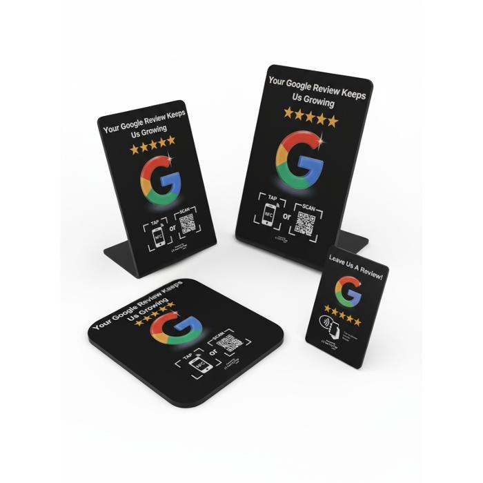 A complete set of Clienity Tap NFC review cards designed to help businesses collect Google reviews instantly with a simple phone tap.