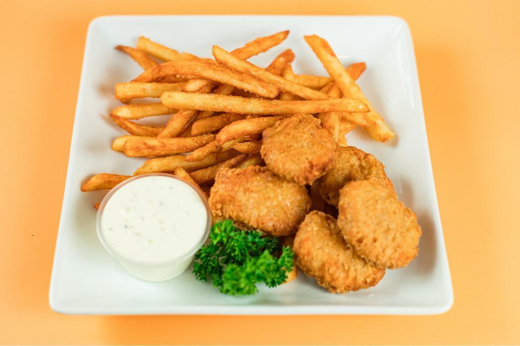Chicken Nuggets at Santorini's Farmington: 100% real chicken breast, lightly breaded. Served with fries and sauce. Kids' favorite!