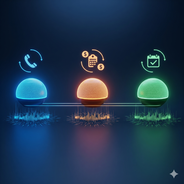Three glowing icons representing VoiseAI’s AI tools: phone answering, chat/text automation, and reputation/review support—working together 24/7