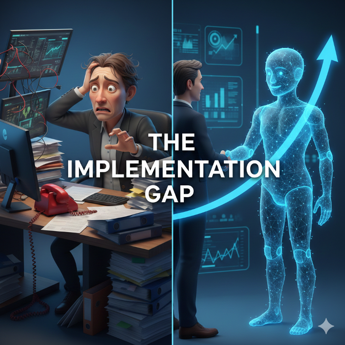 Graphic titled ‘The Implementation Gap’ showing overwhelmed staff on one side and a digital AI employee with an upward growth arrow on the other—highlighting the gap between plans and execution.”