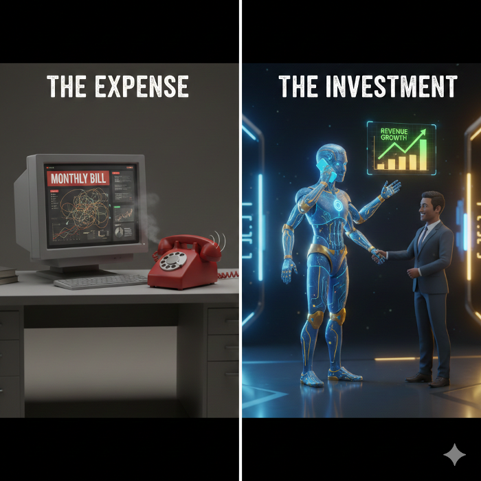 Split graphic comparing ‘The Expense’ (missed calls/manual work) vs ‘The Investment’ (AI support that drives growth), featuring a business owner and an AI assistant.
