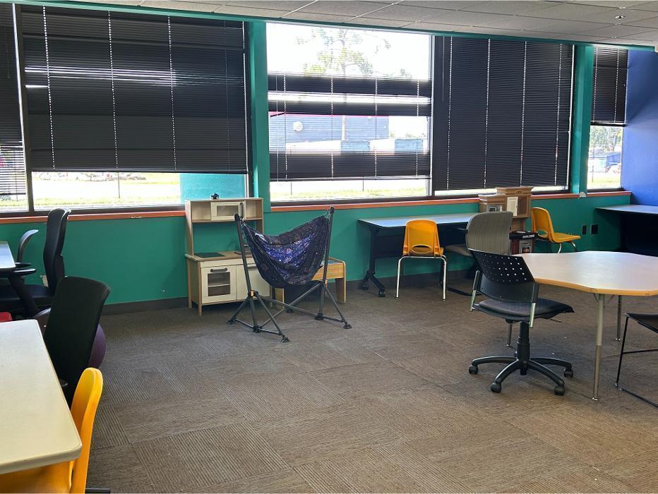A bright, multi-functional classroom at Camen Behavioral Services with large windows, colorful chairs, a sensory hammock, and a play area for developmental activities.