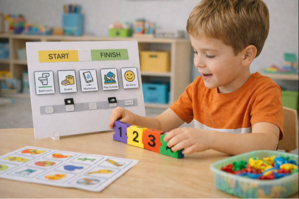 Child participating in ABA therapy session using a visual schedule board to improve routines, communication, and behavior management skills.