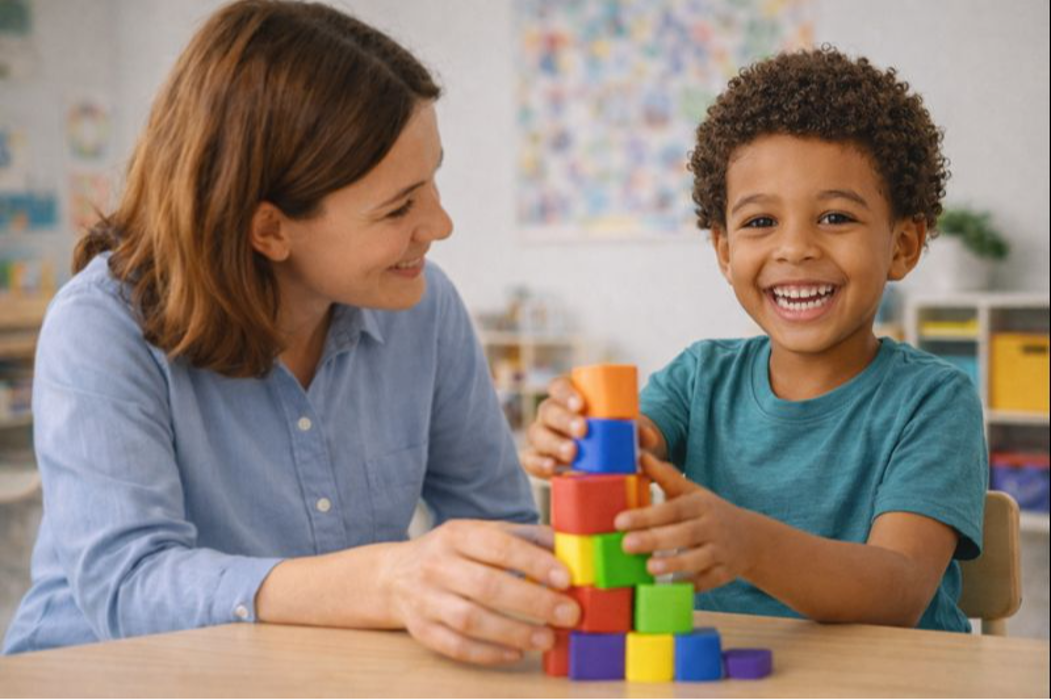 Board Certified Behavior Analyst providing one-on-one ABA therapy to child using structured play and skill-building activities.