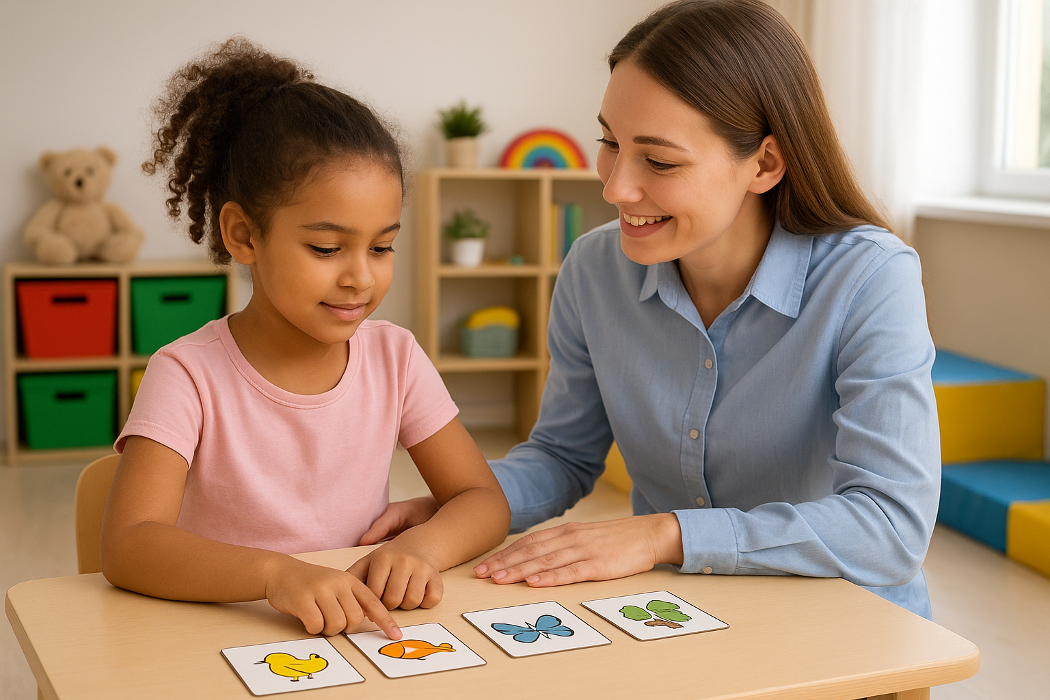 Behavioral therapist conducting early intervention session with child using picture cards to develop language and cognitive skills.