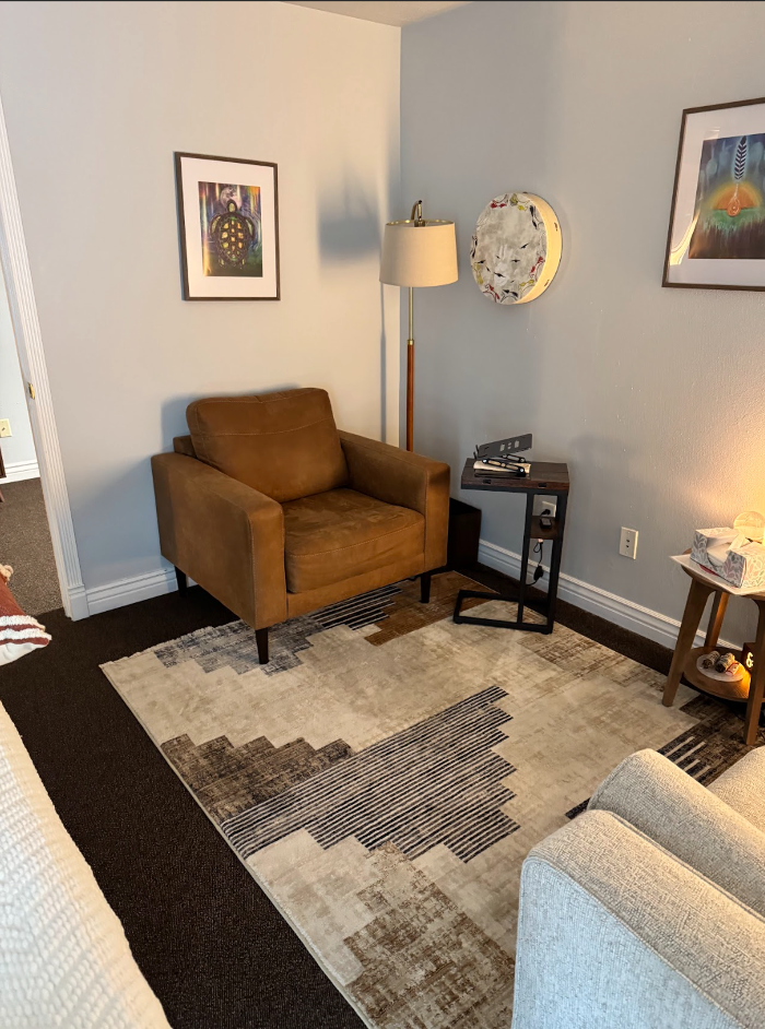 One of our culturally attuned healing spaces in Utah. Here, we blend modern clinical excellence with Indigenous wisdom and ancestral guidance. This room supports a holistic approach to mental health, welcoming your whole self&mdash;mind, body, and spirit.