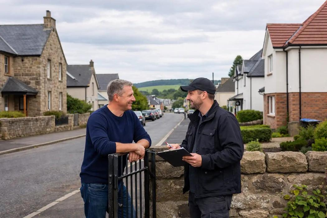 Paveway Building & Landscaping meeting homeowners in Fife to plan extensions, driveways and garden improvement projects.
