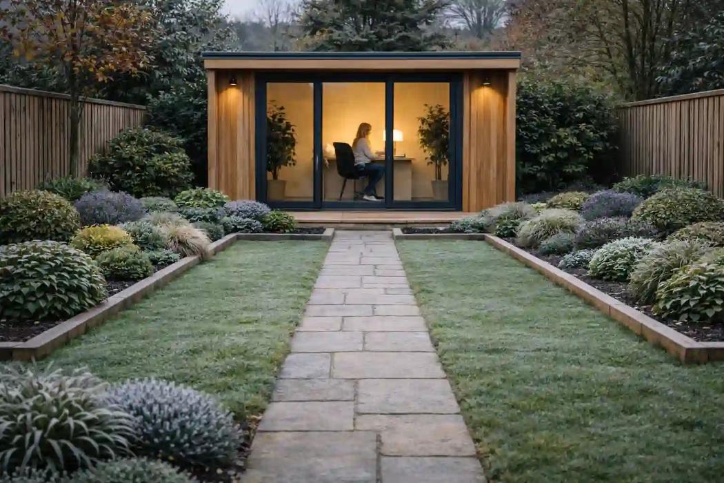 Modern garden room installation in Fife, creating functional outdoor living and home office spaces.