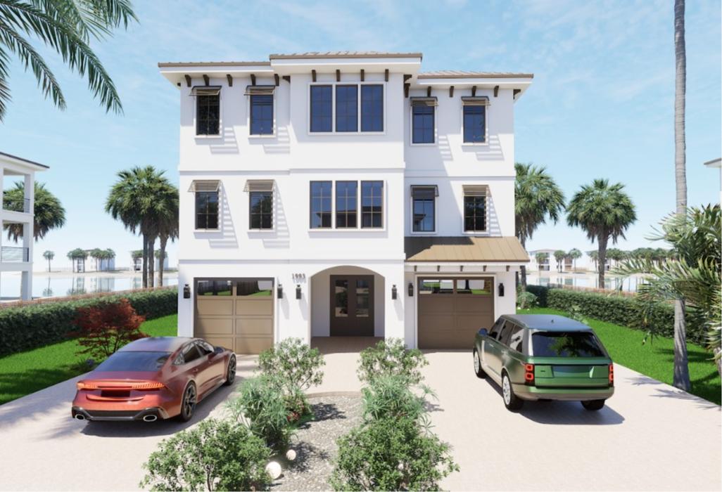 Front exterior rendering of a modern three-story coastal-style white home with a covered entry, two parked cars, landscaped walkways, and palm trees.