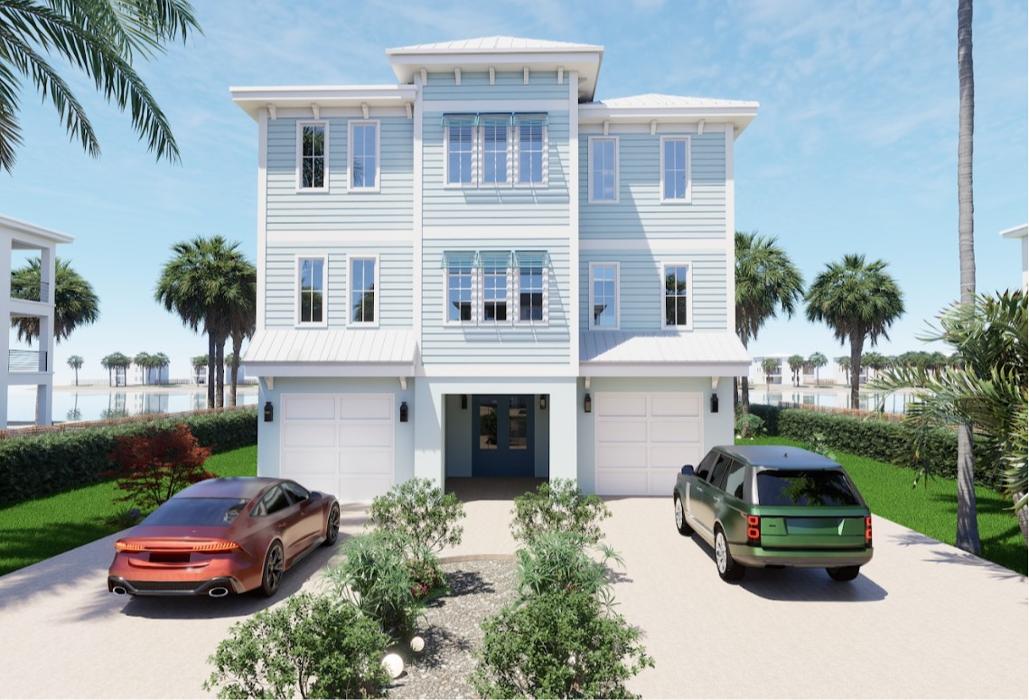 Front exterior rendering of a modern three-story white townhouse with blue accents, two parked cars in the driveway, landscaped front walkways, and palm trees.