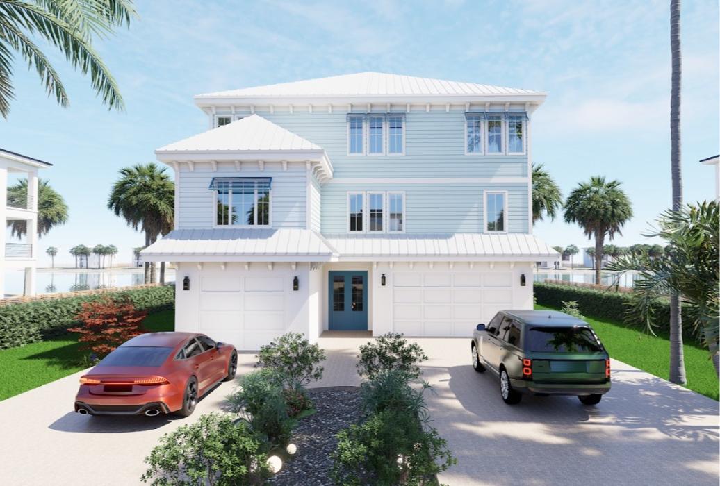 Front exterior rendering of a modern two-story white coastal-style home with a covered porch, two parked cars, manicured landscaping, and palm trees.
