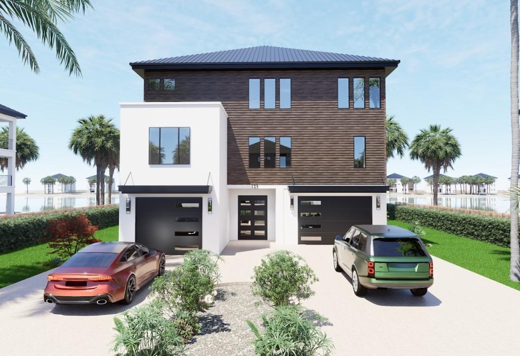Front exterior rendering of a modern three-story home with a white and dark wood facade, two parked cars, landscaped entry paths, and a clean contemporary design.