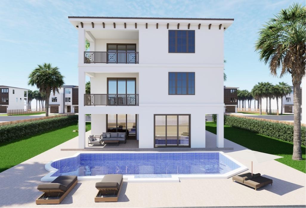 Rear exterior rendering of a modern three-story white coastal-style home featuring a small rectangular pool, patio seating, and palm trees along the sides.