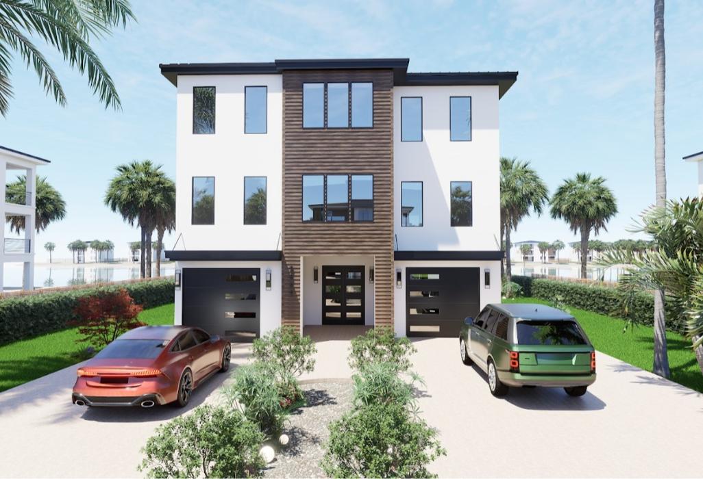 Front exterior rendering of a modern three-story townhouse with a white and dark gray facade, large windows, two parked cars, and neatly landscaped entry paths.