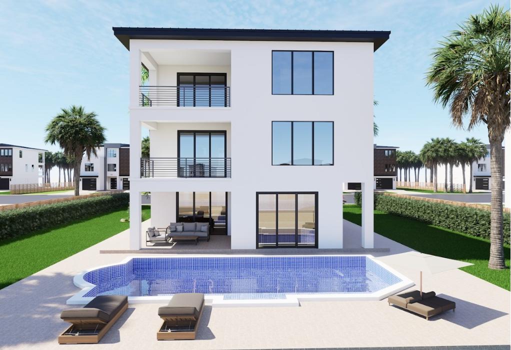 Rear exterior rendering of a modern three-story townhouse with a white and gray exterior, a small pool, patio lounge chairs, and symmetrical palm trees.