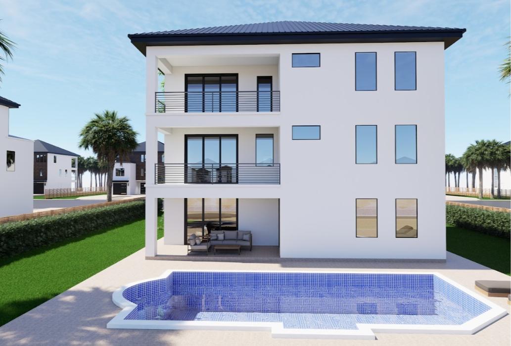 Rear exterior rendering of a modern three-story white home with balconies, a small rectangular pool, and a minimalist backyard layout.