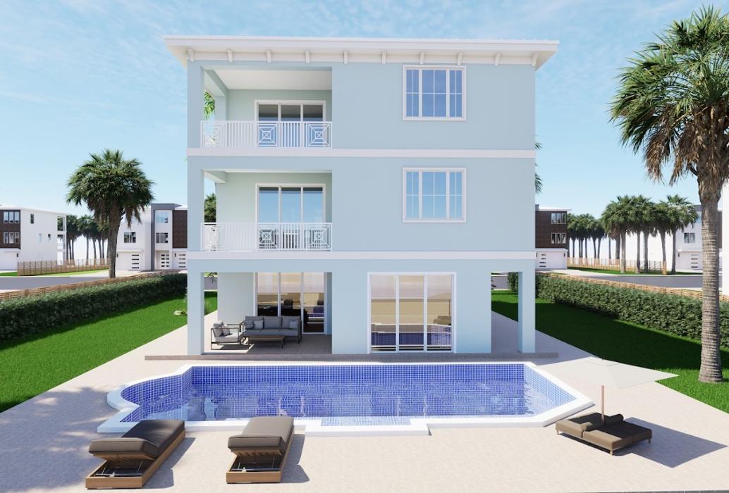 Rear exterior rendering of a modern three-story white townhouse featuring a small rectangular pool, lounge seating, clean landscaping, and palm trees on both sides.