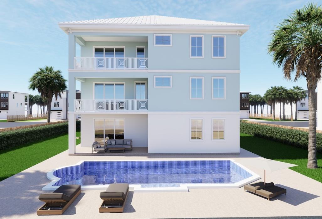 Rear exterior rendering of a modern two-story white coastal-style home with a small pool, patio lounge chairs, and a symmetrical backyard layout.