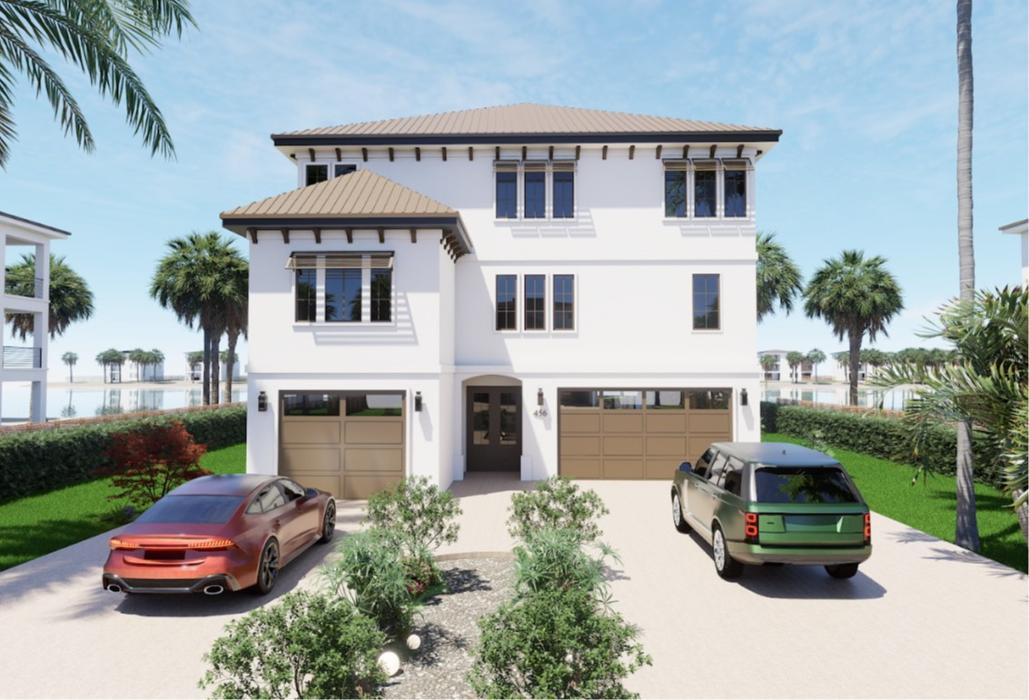 Front exterior rendering of a modern three-story white coastal-style home with a covered entry, two parked cars, palm trees, and manicured landscaping.