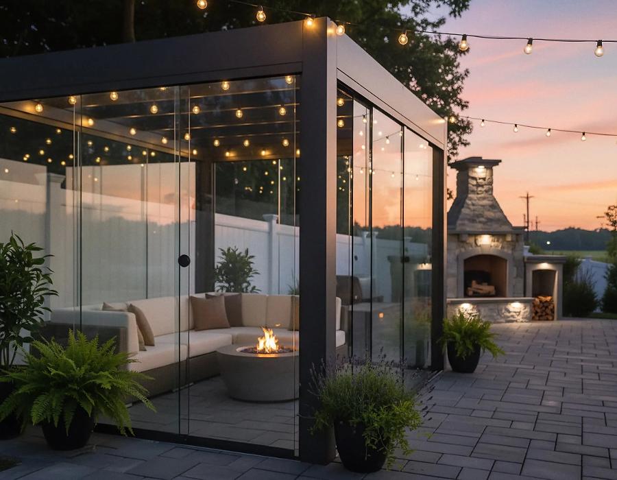 A sleek, modern black pergola with a louvered roof and frameless sliding glass walls sits on a stone patio at dusk.