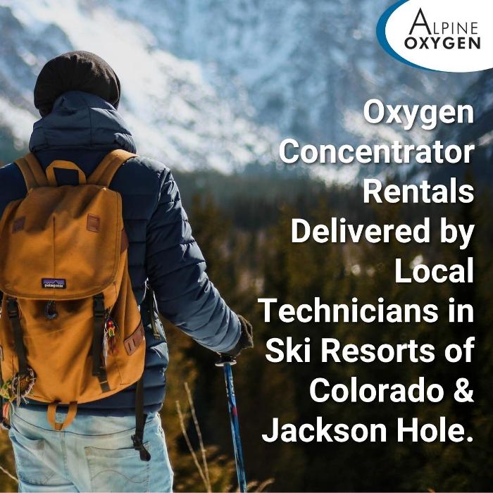 A branded image featuring a mountain traveler with text promoting local oxygen concentrator rentals delivered by technicians in Colorado ski resorts and Jackson Hole.