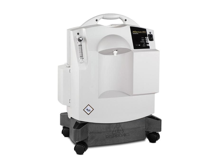 A clean product photo of a compact oxygen concentrator, showing one of the rental units available for supplemental oxygen support.