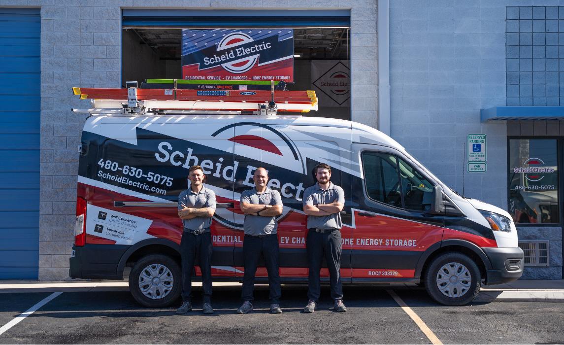 Professional electricians from Scheid Electric providing residential electrical services in Queen Creek, Arizona.