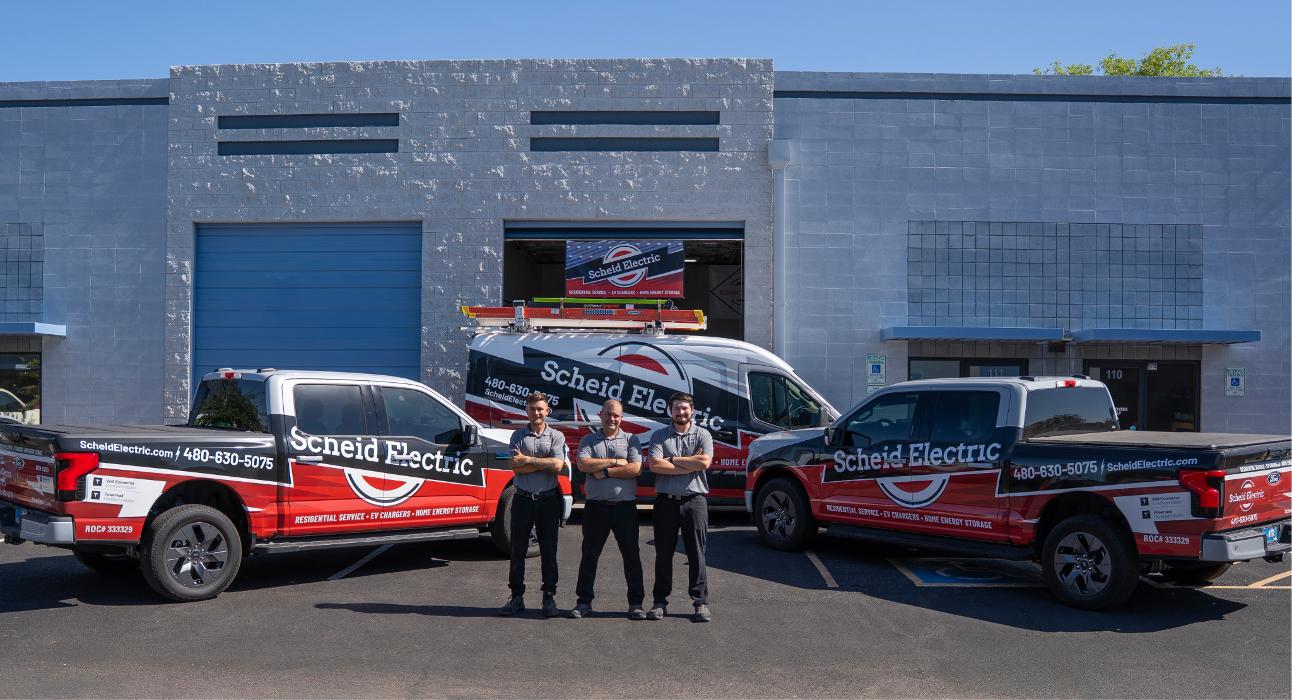 Scheid Electric fleet and team delivering residential and commercial electrical services in Queen Creek, AZ.