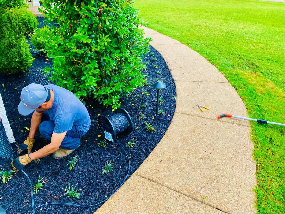 Technician installing landscape lighting in a freshly mulched planting bed beside a curved walkway.