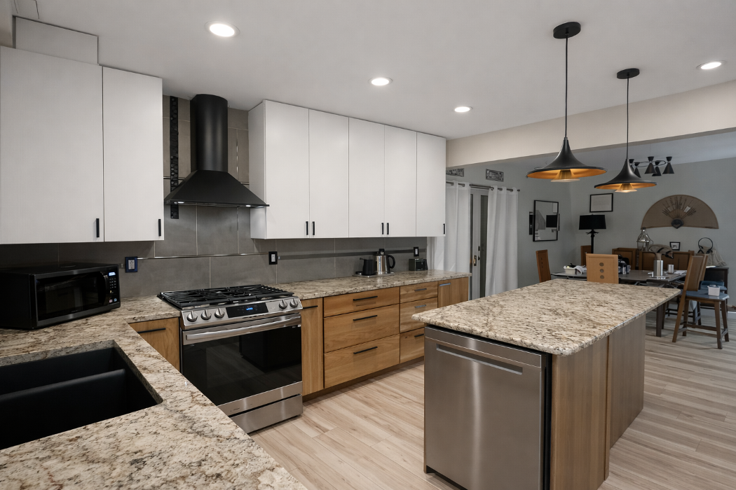 Modern kitchen remodel by Grand Rapids Contracting in Grand Rapids, MI, featuring a large island, custom cabinetry, and high-end finishes.
