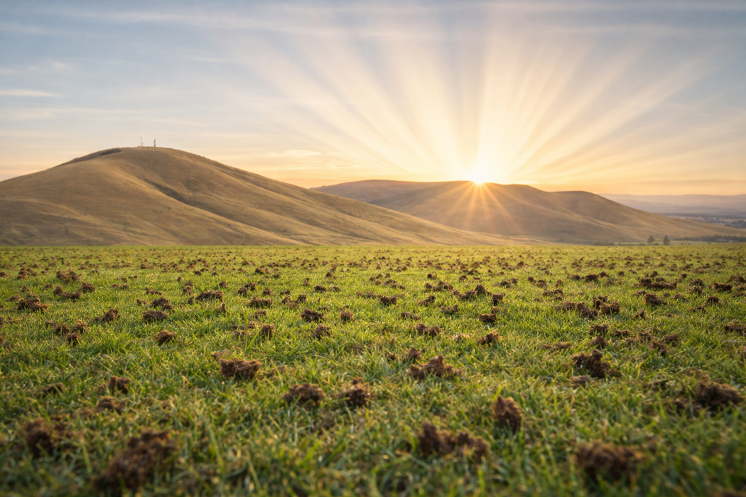 Badger and Little Badger Mountains in the Tri-Cities, WA.  Sunrise. Dethatch done.  Aerating done.