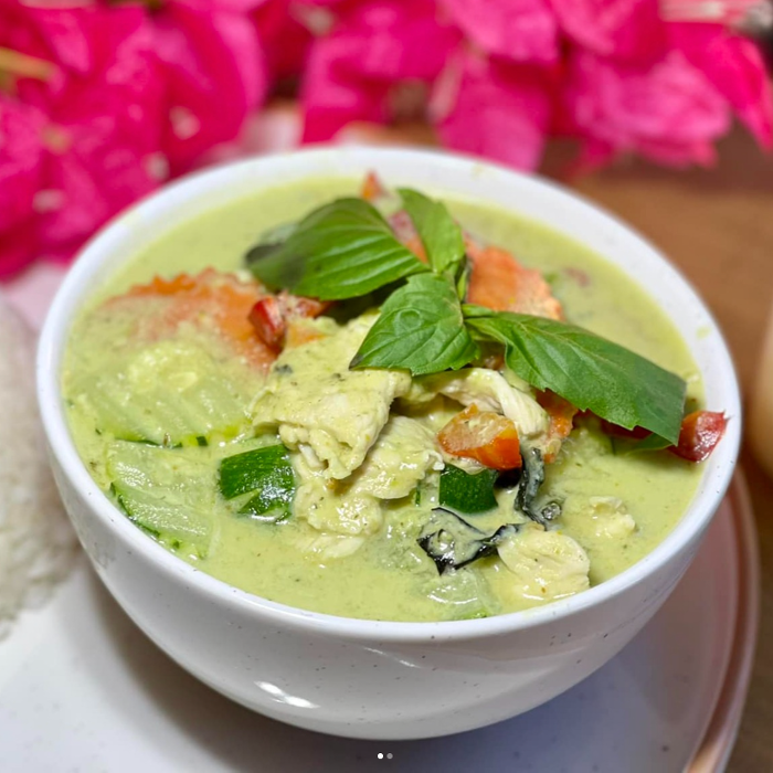 Authentic Thai green curry made with creamy coconut milk, fresh herbs, and vibrant vegetables, served hot and flavorful at Bee&rsquo;s Thai Kitchen in Lafayette, conveniently located near Highway 7 for easy takeout or dine-in.