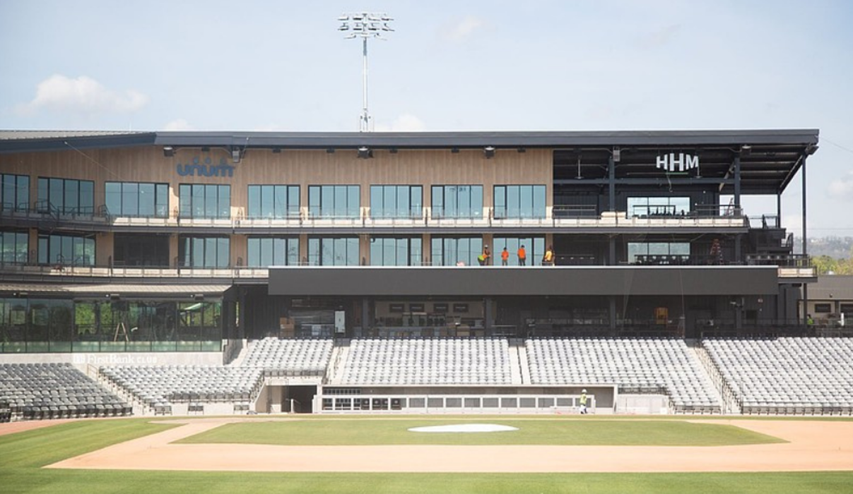 Right field view of Erlanger Park featuring the Chattanooga Lookouts' grandstand and stadium architecture 
