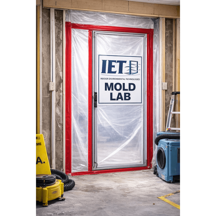 IET Mold Lab containment barrier set up inside a property to isolate an area during mold inspection, testing, or remediation work.