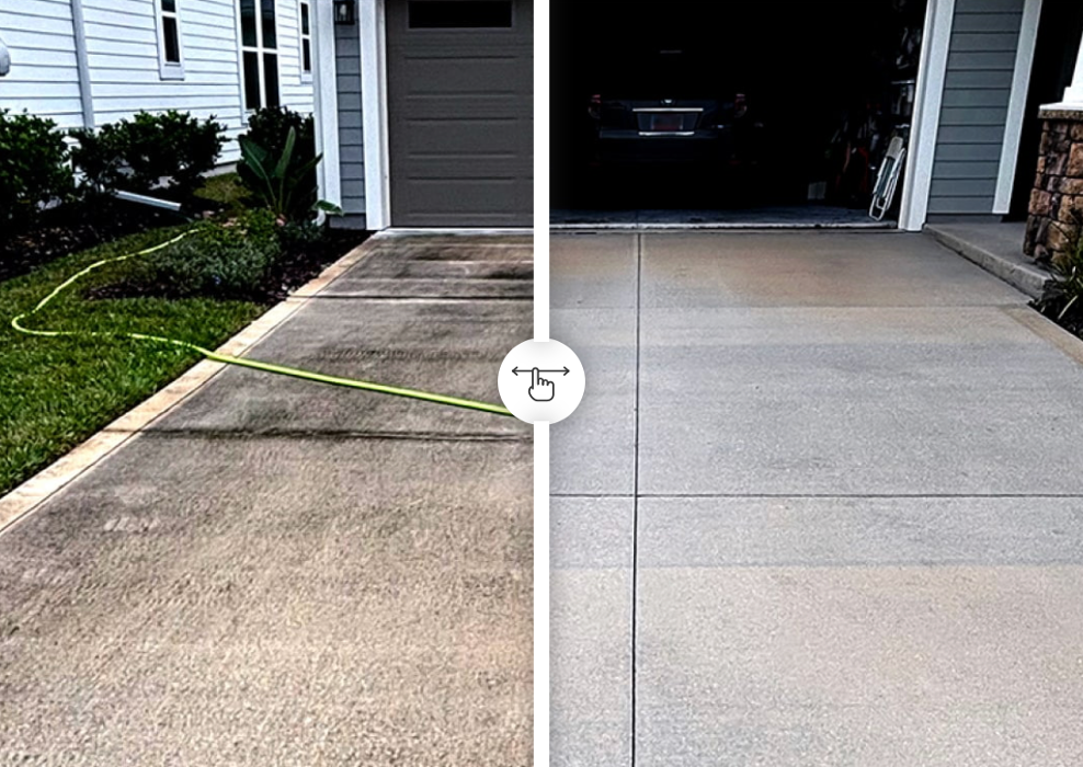 Before and after driveway pressure washing showing deep cleaning results and restored concrete surface
